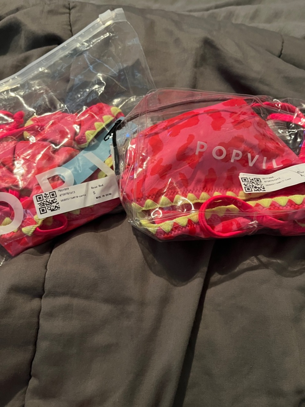 Neon Pink Animal Print Triangle Bikini with Yellow Trim L top and Small bottoms - Picture 3 of 3